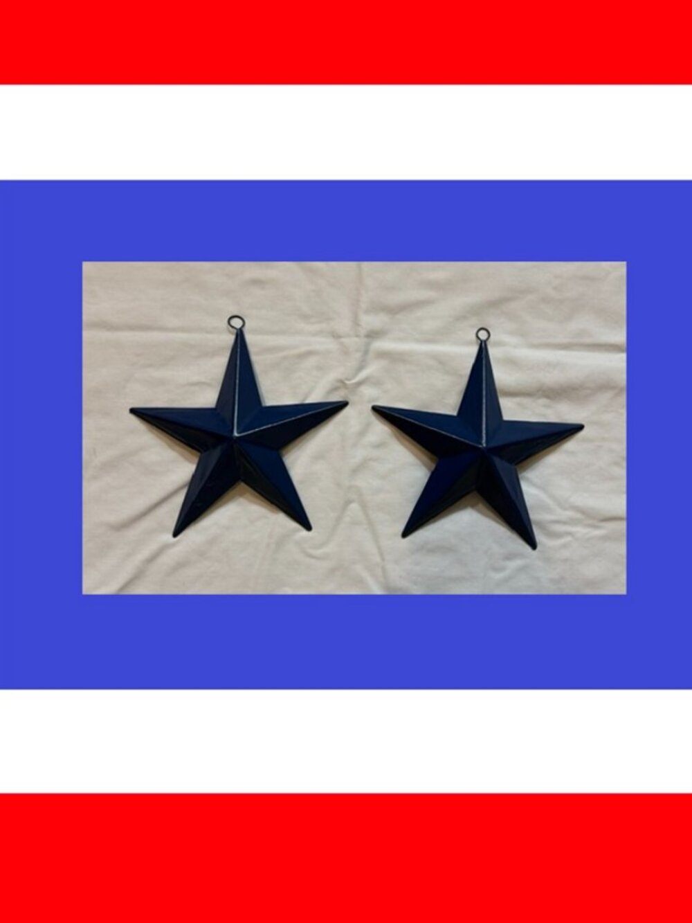 Two (2) Blue Painted Tin Stars with Hanging Loop 6 3/4" by 6 3/4" Two (2) 16006B